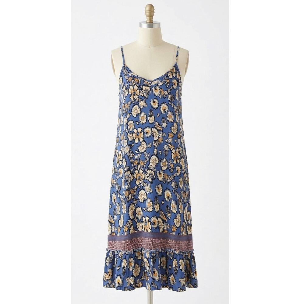 Chelsea & Violet Floral Boho Ruffle Hem Slip Dress Blue Yellow Summer Size Large - Picture 2 of 14